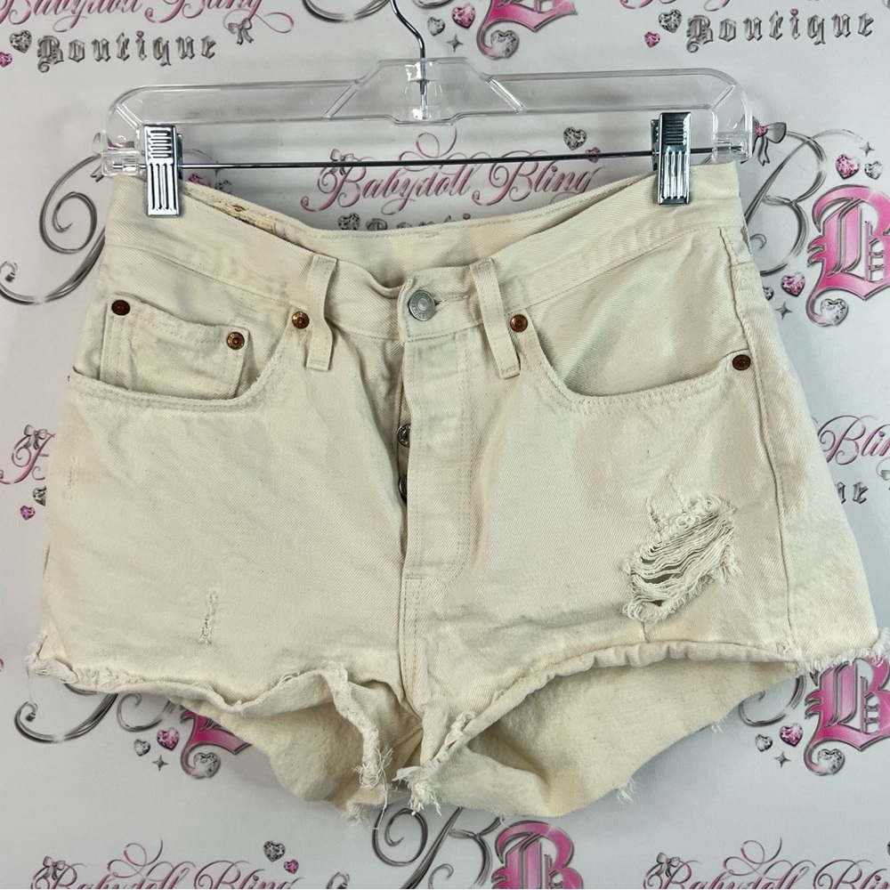 Levi's shorts ripped white Cream Distressed Jean Shorts logo emblem on back
